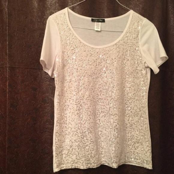 Only Nine Tops - Only Nine white sequins short sleeve top L